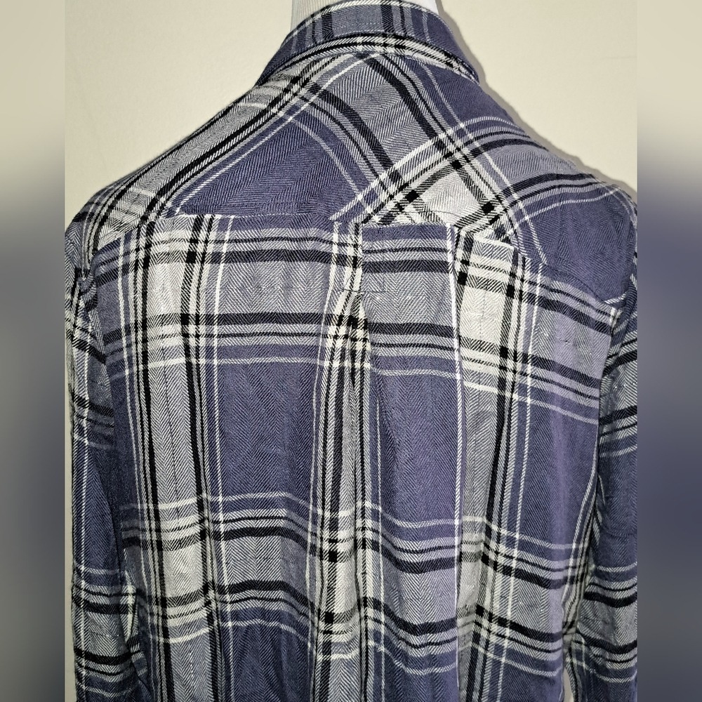 KUT from the Kloth Blue Plaid Metallic Shimmer Button Down Shirt Large - Picture 6 of 7